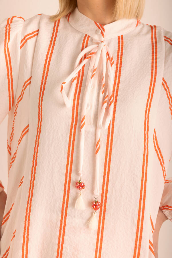 Renkli Çizgili Yakası Bağcıklı Tunik - 4