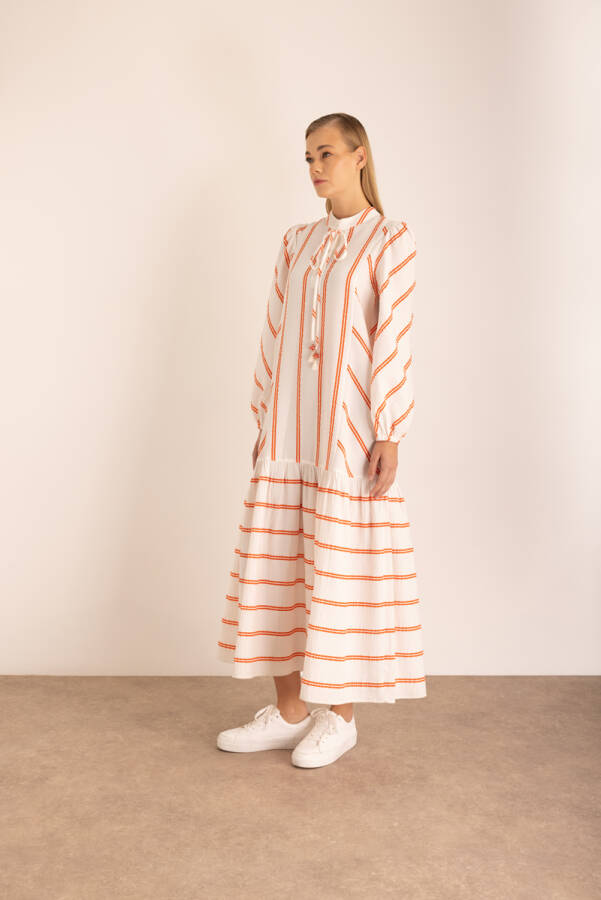 Renkli Çizgili Vual Elbise - 6