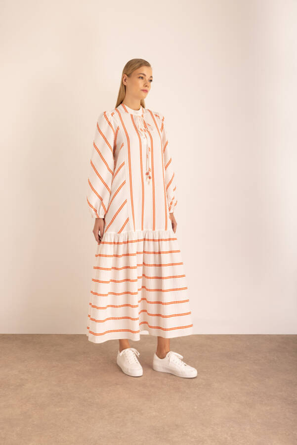 Renkli Çizgili Vual Elbise - 4