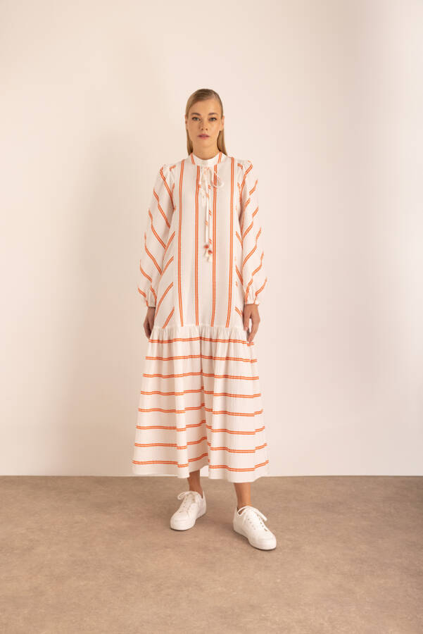 Renkli Çizgili Vual Elbise - 5