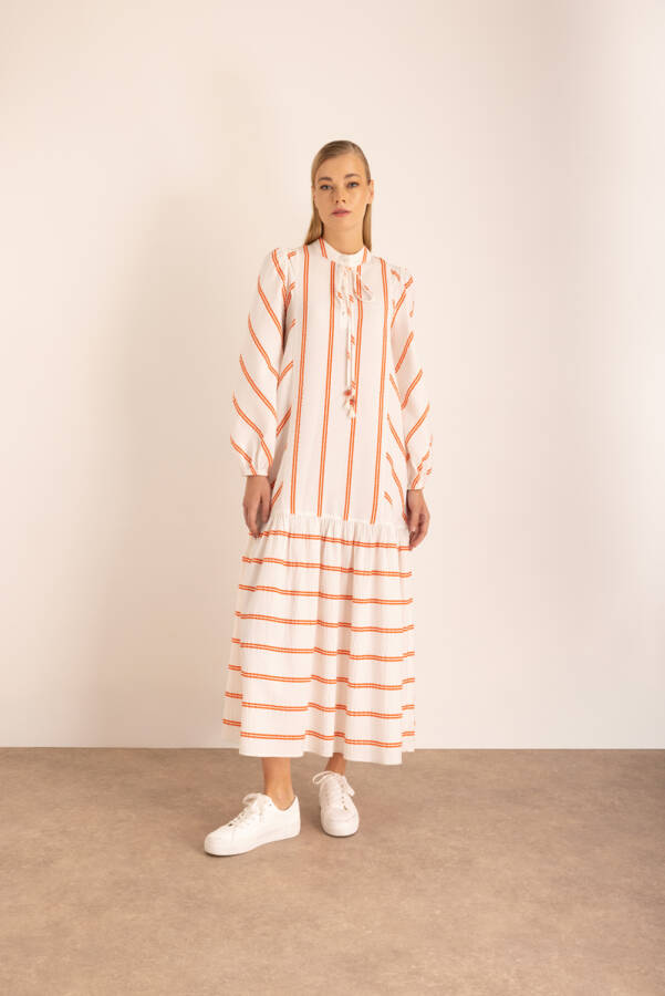 Renkli Çizgili Vual Elbise - Aker