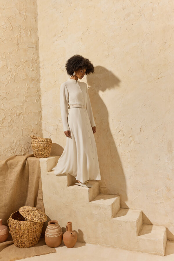 Renkli Hakim Yaka Naturel Elbise - Aker