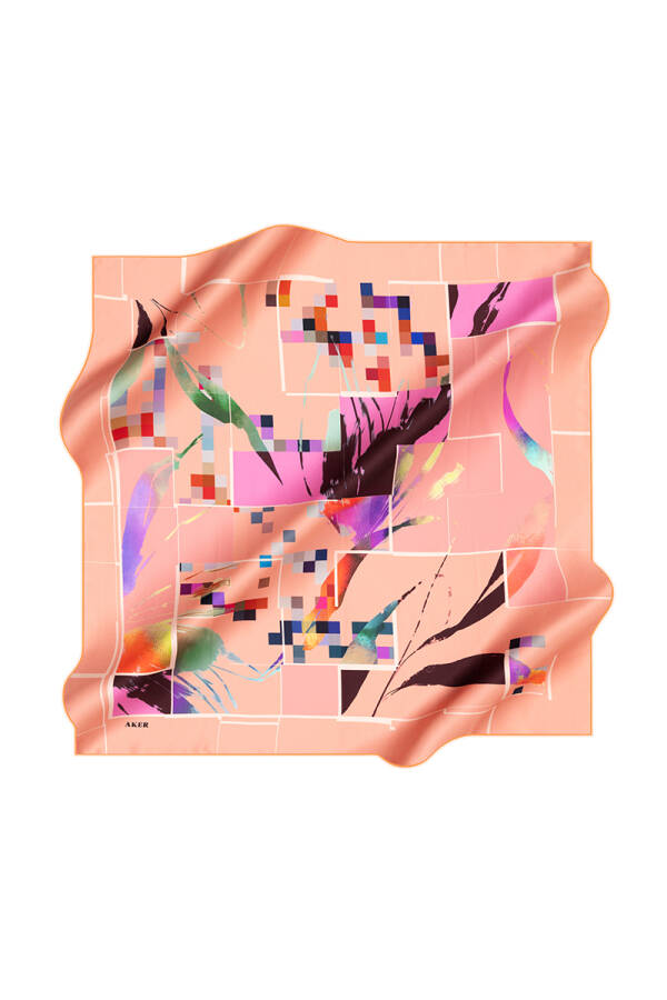 Geometrik Desenli İpek Krep Saten Eşarp - 1