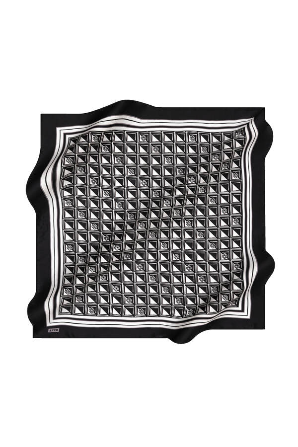 Siyah Beyaz İpek Krep Saten Kare Logo Desenli Eşarp - 1