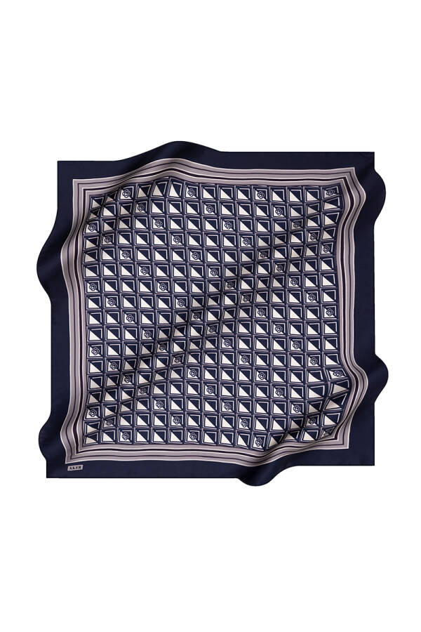 Lacivert İpek Kare Geometrik Desenli Eşarp - 1