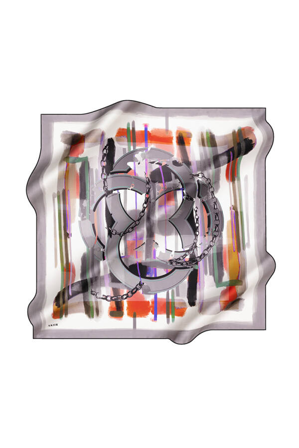 Zincir Desenli İpek Krep Saten Eşarp - 1