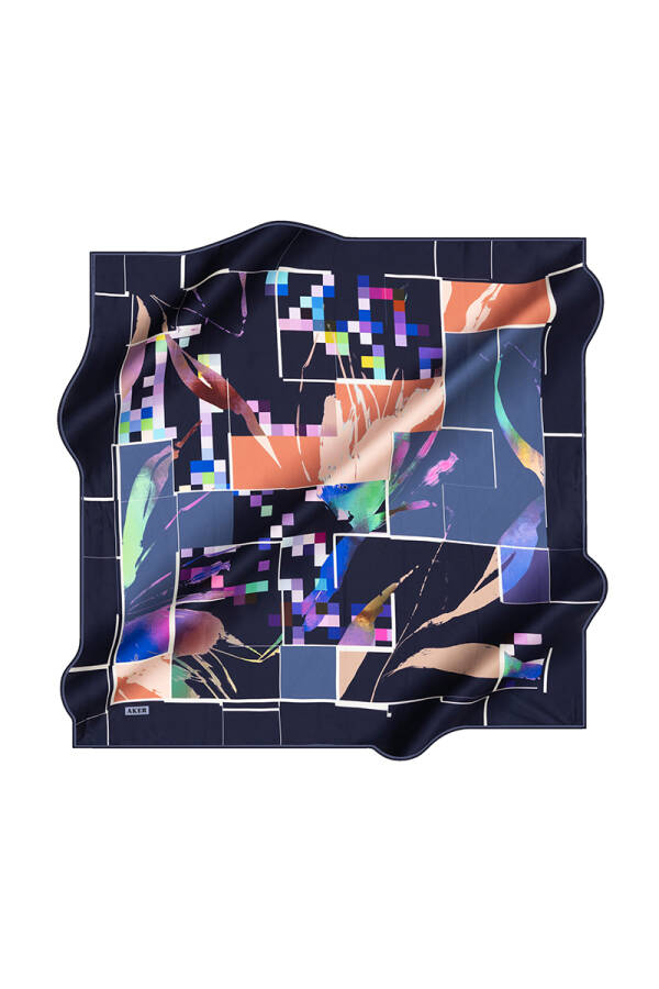 Geometrik Desenli 90X90 İpek Krep Saten Eşarp - 1
