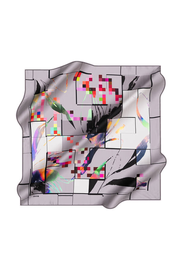 Geometrik Desenli İpek Krep Saten Eşarp - 1