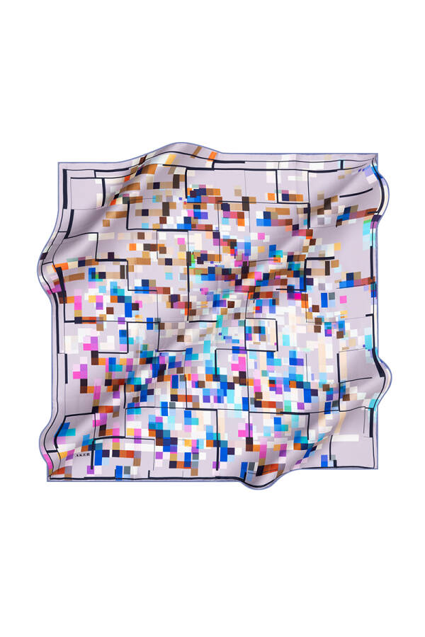 Geometrik Desenli Aker İpek Krep Saten Eşarp - 1