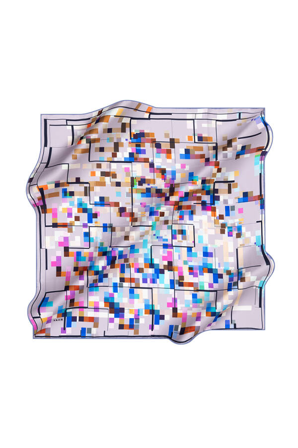 Geometrik Desenli İpek Krep Saten Eşarp - 1