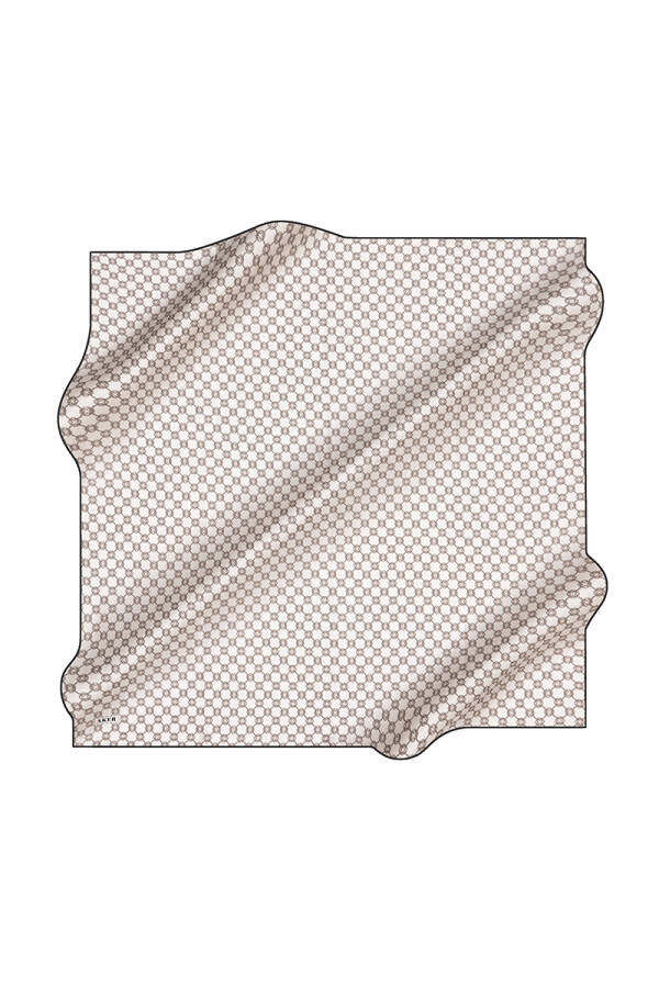 Krem İpek Kare Logo Desenli Eşarp - 1