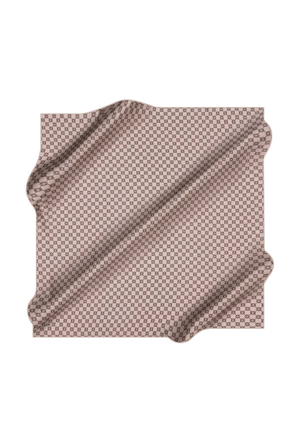 Bej İpek Kare Logo Desenli Eşarp - 1