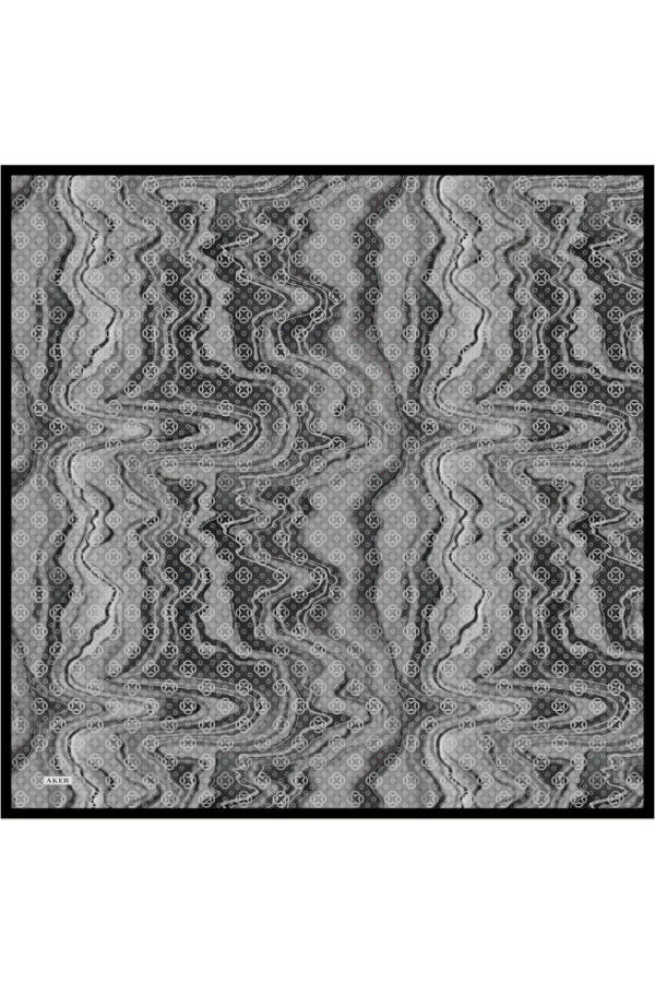 Siyah Logo Desenli İpek Krep Saten Eşarp - 1