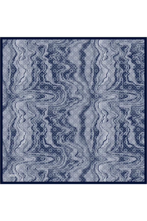 Lacivert Logo Desenli İpek Krep Saten Eşarp - 1