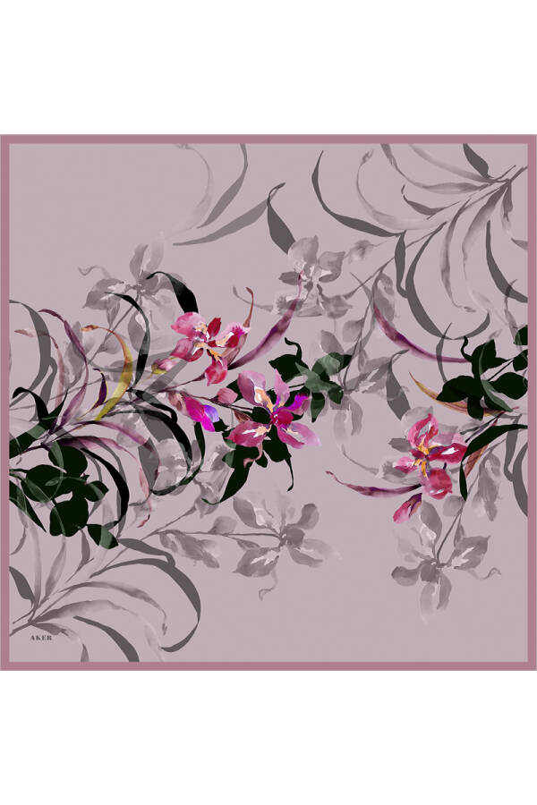 Pembe Çiçek Desenli İpek Krep Saten Eşarp - 1