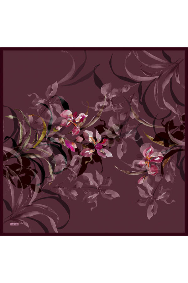 Mor Çiçek Desenli İpek Krep Saten Eşarp - Aker