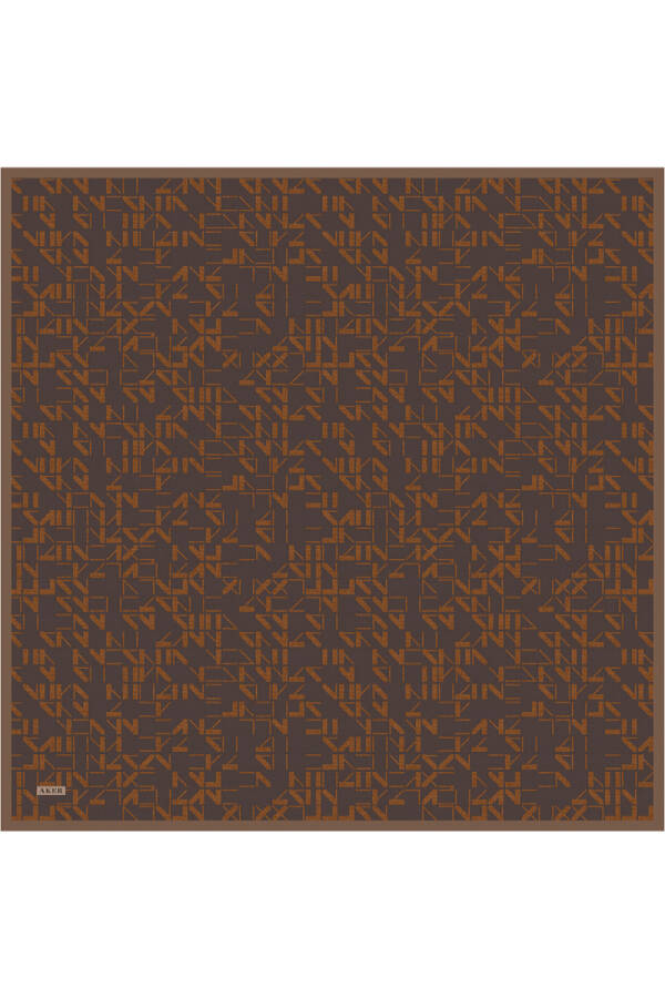 Kahverengi Geometrik Desenli İpek Krep Saten Eşarp - 1