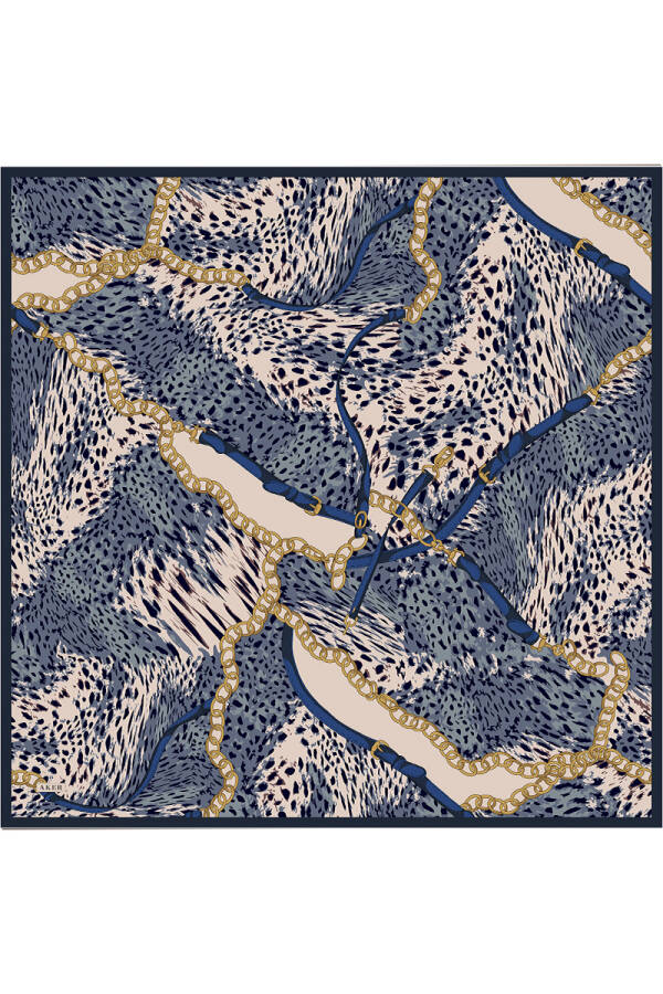 Mavi Leopar Desenli İpek Krep Saten Eşarp - 1