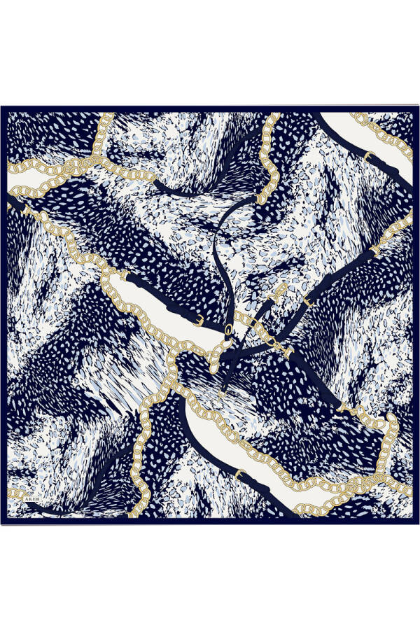 Lacivert Leopar Desenli İpek Krep Saten Eşarp - 1