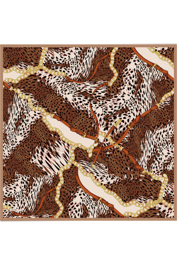 Kahverengi Leopar Desenli İpek Krep Saten Eşarp - 1