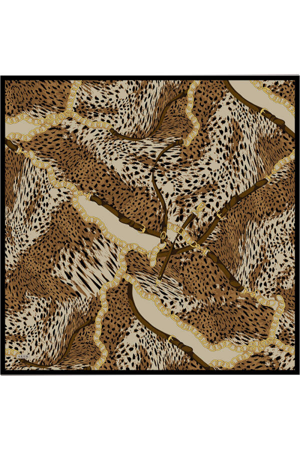 Kahverengi Leopar Desenli İpek Krep Saten Eşarp - 1