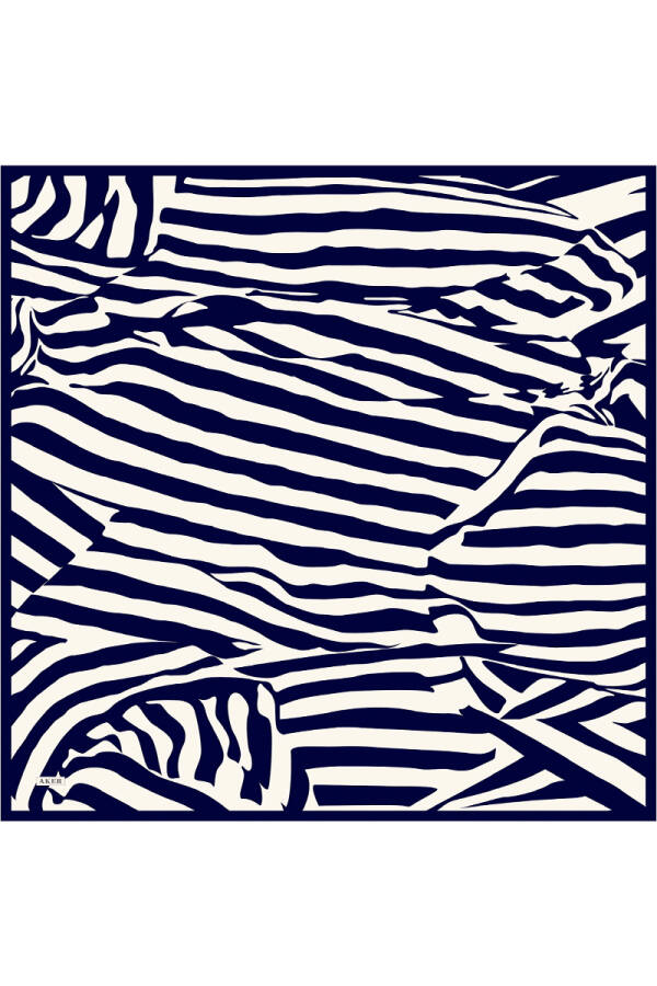 Lacivert Zebra Desenli İpek Krep Saten Eşarp - 1