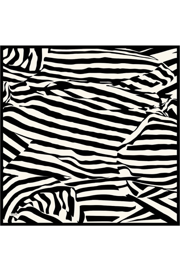 Siyah Zebra Desenli İpek Krep Saten Eşarp - 1