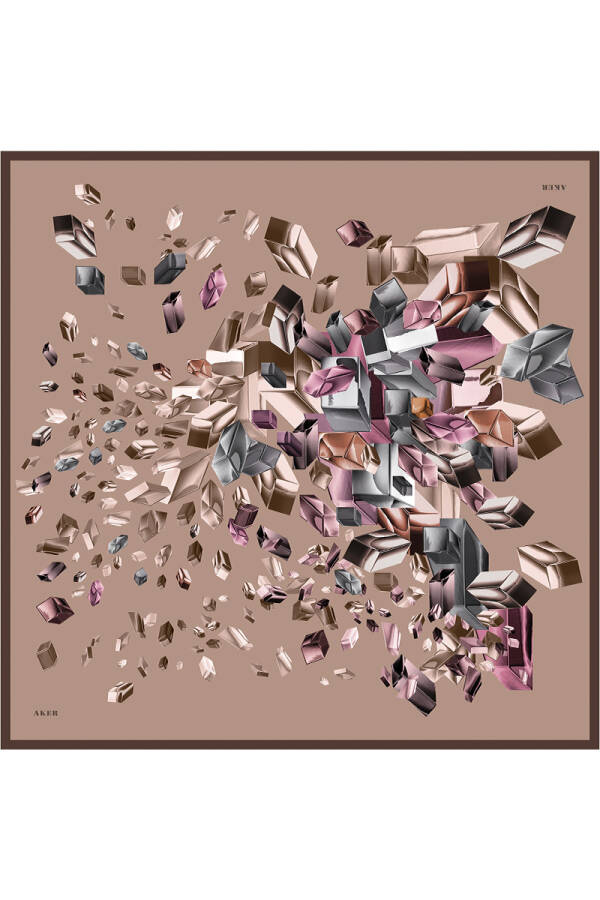Pembe Geometrik Desenli İpek Krep Saten Eşarp - 1