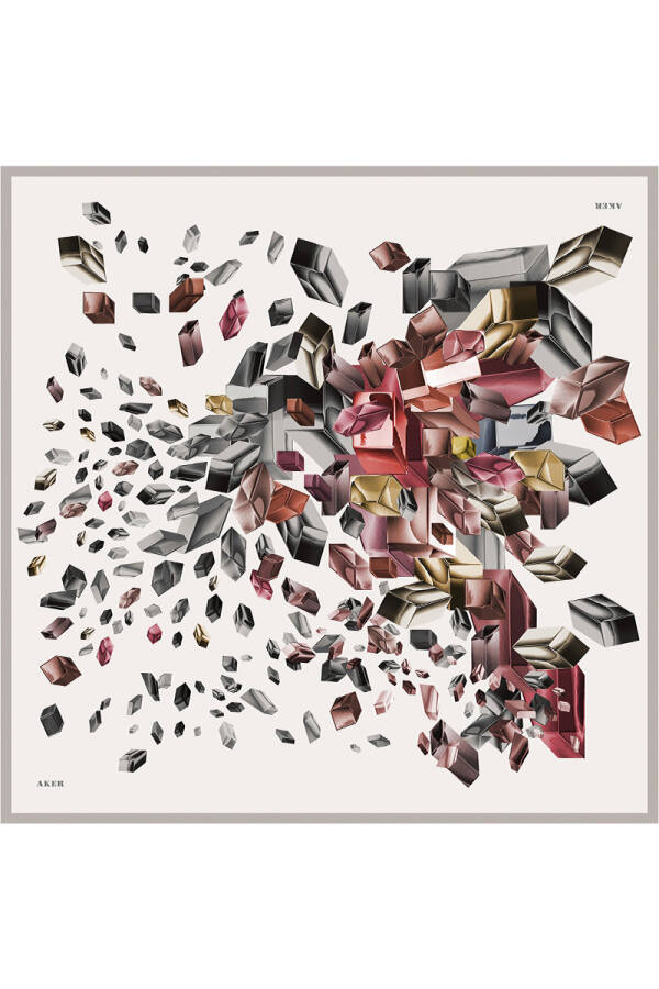 Beyaz Geometrik Desenli İpek Krep Saten Eşarp - 1