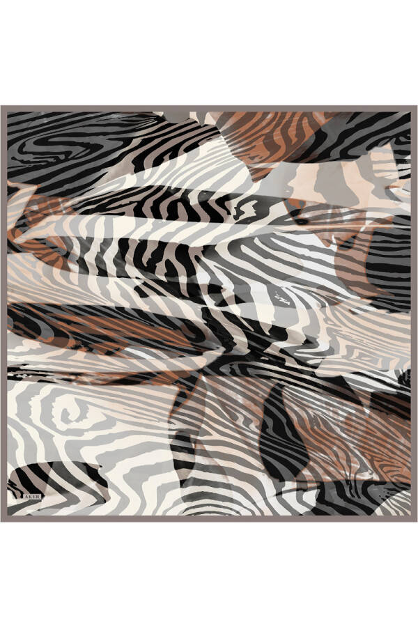 Kahverengi Zebra Desenli İpek Krep Saten Eşarp - 1