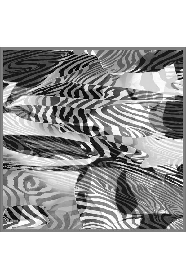 Siyah Zebra Desenli İpek Krep Saten Eşarp - 1