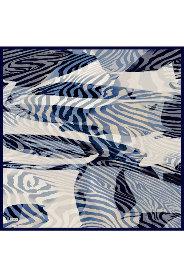 Lacivert Zebra Desenli İpek Krep Saten Eşarp - 1