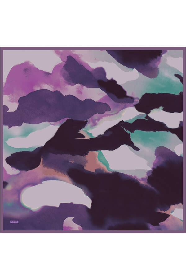 Mor Fırça Desenli İpek Krep Saten Eşarp - 1