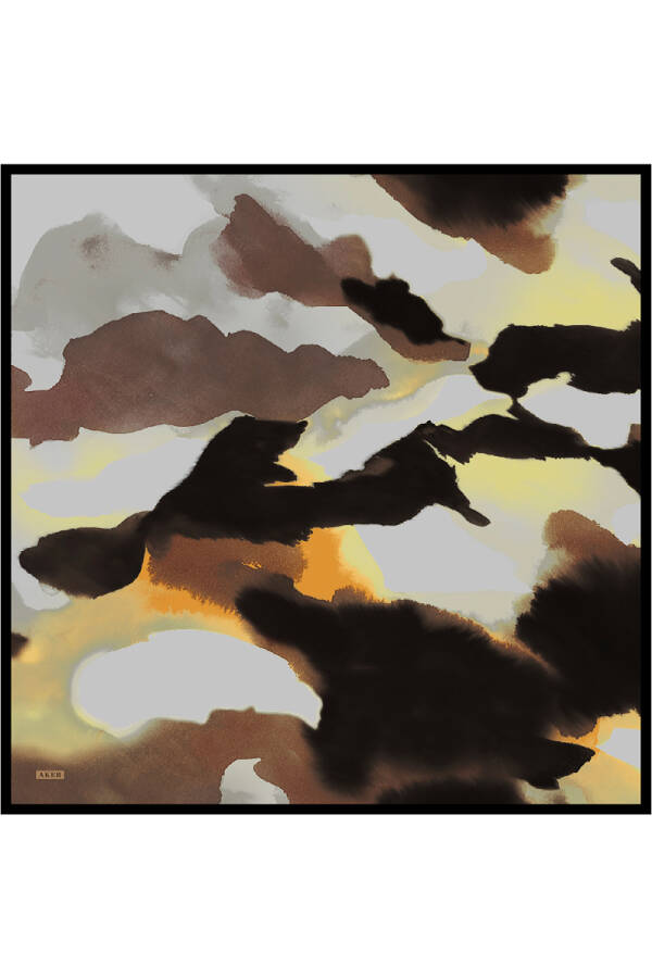 Kahverengi Fırça Desenli İpek Krep Saten Eşarp - 1