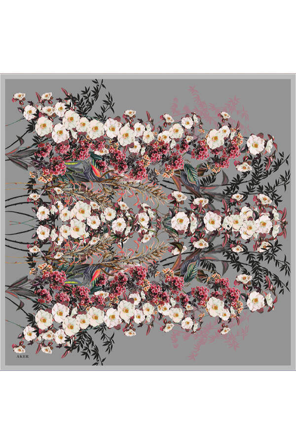 Gri Çiçek Desenli İpek Krep Saten Eşarp - 1