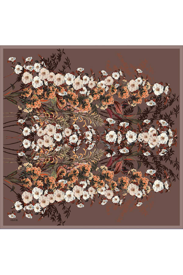 Kahverengi Çiçek Desenli İpek Krep Saten Eşarp - 1