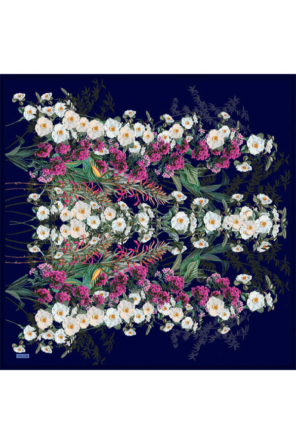 Lacivert Fırça Desenli İpek Krep Saten Eşarp - 1