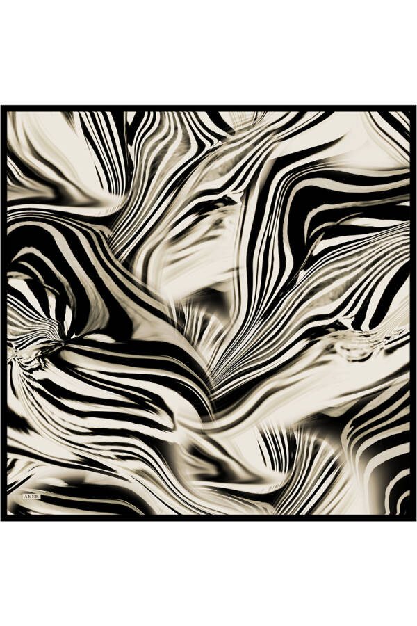 Siyah Fırça Desenli İpek Krep Saten Eşarp - 1