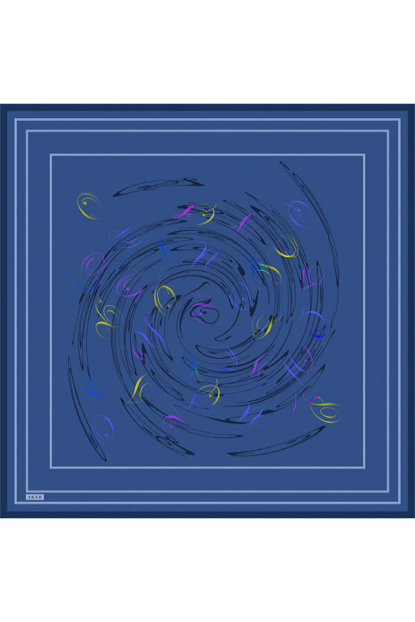 Lacivert Fırça Desenli İpek Krep Saten Eşarp - 1