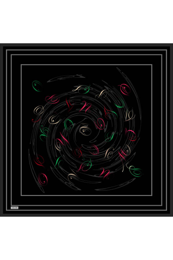 Siyah Fırça Desenli İpek Krep Saten Eşarp - 1