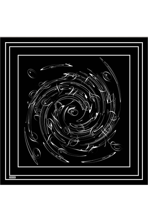 Siyah Fırça Desenli İpek Krep Saten Eşarp - 1