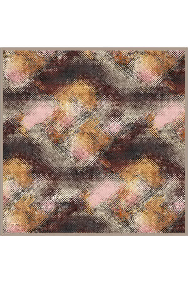 Kahverengi Fırça Desenli İpek Krep Saten Eşarp - 1