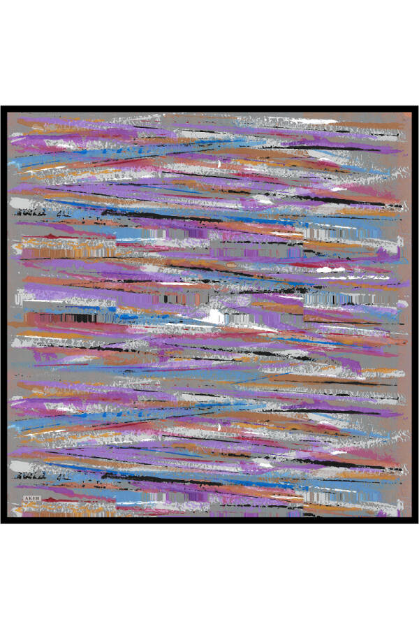 Mor Fırça Desenli İpek Krep Saten Eşarp - 1