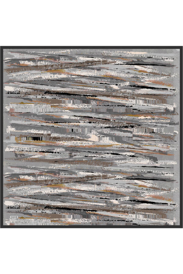 Gri Fırça Desenli İpek Krep Saten Eşarp - 1