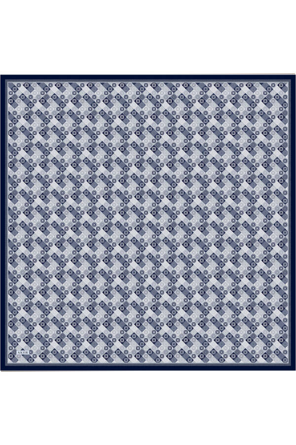 Lacivert Logo Desenli İpek Krep Saten Eşarp - 1