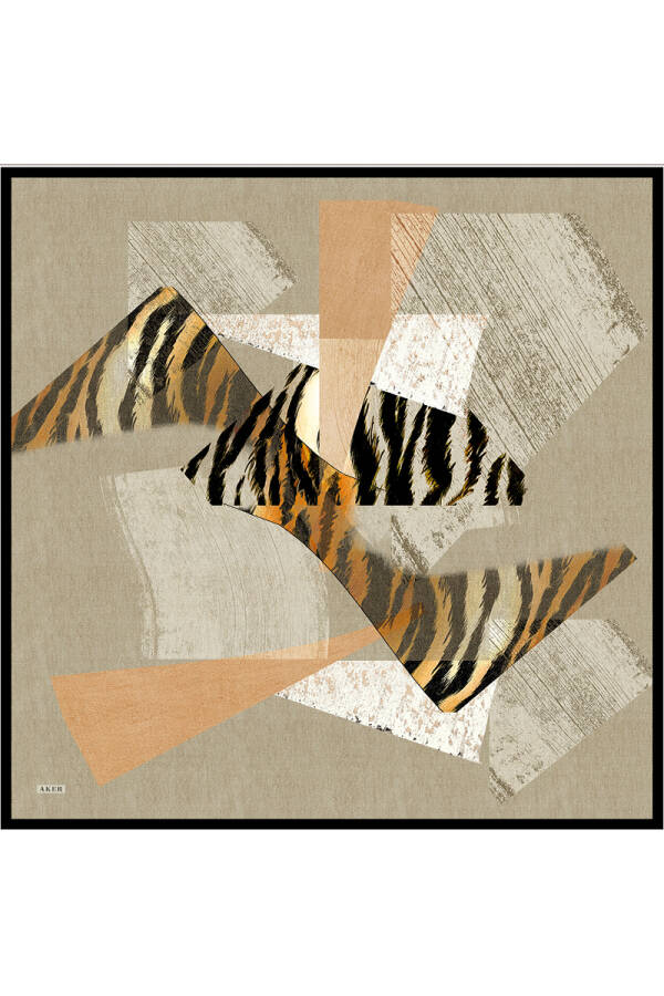 Bej Leopar Desenli İpek Krep Saten Eşarp - 1