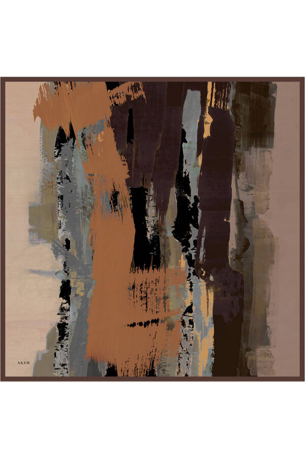 Kahverengi Fırça Desenli İpek Krep Saten Eşarp - Aker