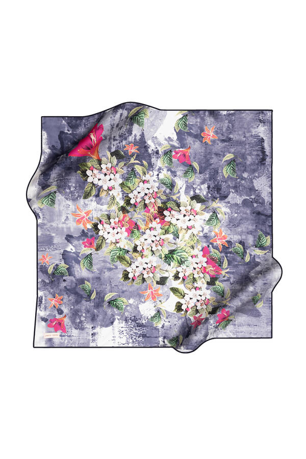 Çiçek Desenli 90X90 İpek Krep Saten Eşarp - 2