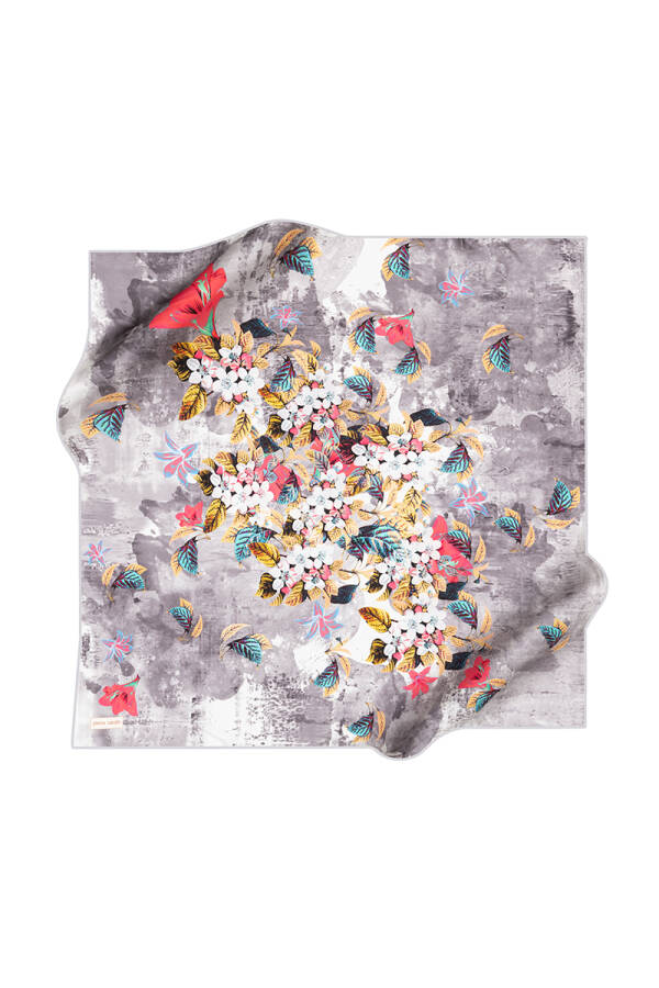 Çiçek Desenli 90X90 İpek Krep Saten Eşarp - 1