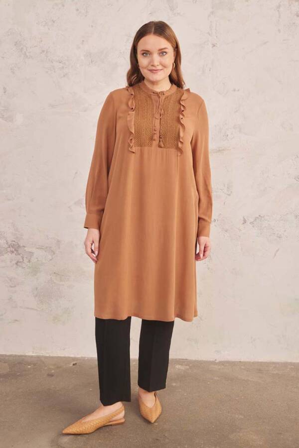Kahverengi Robası Dantelli Tunik - 3